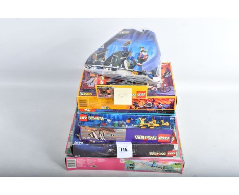SIX BOXED UNBUILT LEGO SYSTEM MODELS AND ONE EMPTY BOX, the first a 6045 Lego Castle, 6047 Lego Castle, 6175 Aquanauts Crysta