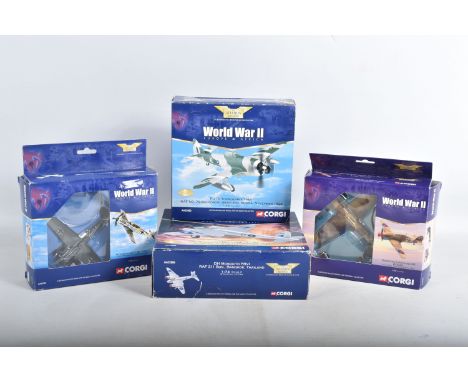 FOUR BOXED 1:72 SCALE CORGI AVIATION ARCHIVE DIECAST MODEL AIRCRAFTS, the first a Messerschmitt Bf numbered AA32103, the seco