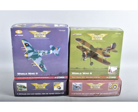 FOUR BOXED 1:72 SCALE CORGI AVIATION ARCHIVE DIECAST MODEL AIRCRAFTS, the first is a limited edition Hawker Typhoon numbered 