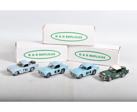 FOUR CONSTRUCTED K &amp; R REPLICAS TRIUMPH TR4 SPORTS CAR MODEL KITS, all 1/43 scale white metal kits that have been constru