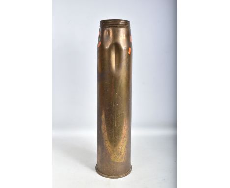 A LARGE BRASS ARTILERY SHELL DATED 1965, the bottom of it has the war department broad arrow and 4.5 in marks 3-5 guns it is 