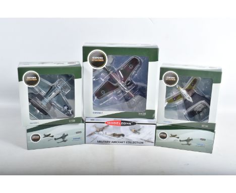 SIX BOXED 1:72 SCALE OXFORD AVIATION DIECAST MODEL AIRCRAFTS, the first is a Macchi Veltro numbered AC091, the second a Dougl