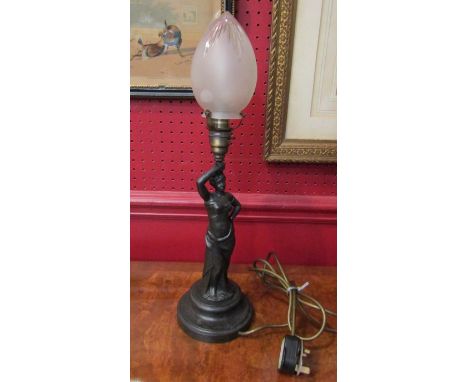 An Art Nouveau classical female desk lamp, with original glass shade, 47cm high in total