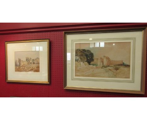 MORGAN RENDLE (1889-1952): A framed and glazed watercolour of Castle ruins, pencil signed lower right, 30cm x 48.5cm and anot