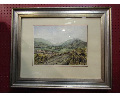 R. HEGEDUS: Late 20th Century rural landscape depicting corn stooks with fields and hills to background, framed and glazed, 2