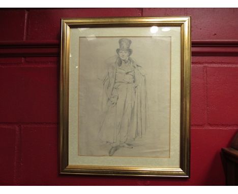 A pencil sketch depicting an early Victorian gent in his finery, indistinctly signed, 43cm x 33cm