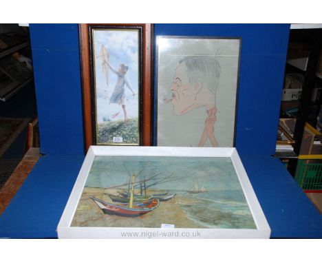 A Print of a Girl with Kite, a Seascape with boats and a Cartoon Drawing of a gentleman with cigar.