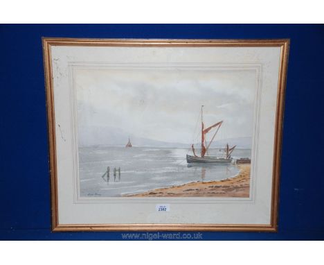 A framed and mounted Watercolour of a Seascape with a moored fishing boat, signed lower left Brian Sharp.