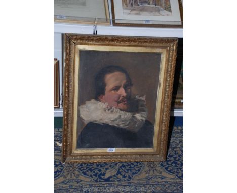A 19th c. Oil on canvas Portrait of a gentleman in 16th c. attire in the manner of Franz Hals. Handwriting verso on stretcher