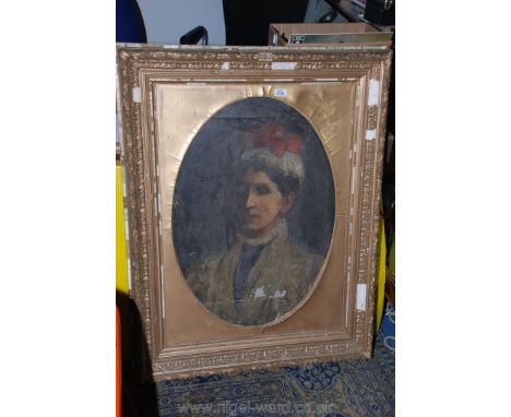 An 18th c. Oil on canvas Portrait of a lady, in later Victorian gilt gesso frame (a/f).