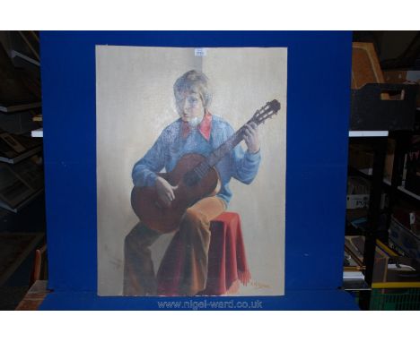 An unframed Oil on board depicting a young boy sat playing with a guitar, signed lower right K.M. Queen.