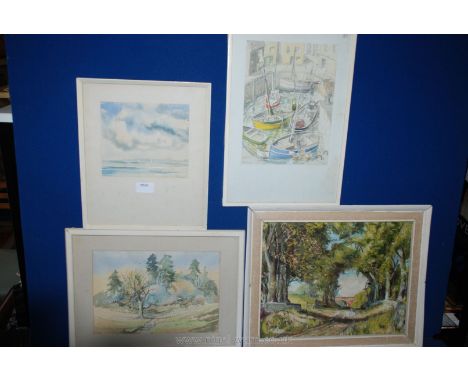 A framed and mounted Watercolour of a Wooded Glade, a framed Watercolour of a Seascape signed lower right, a framed Harbour S