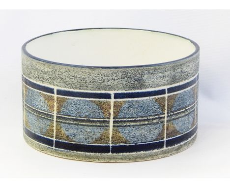 Troika pottery drum bowl, painted with band of abstract circles in panels, 17.25cm approx. with Ax mark to base  Live Bidding