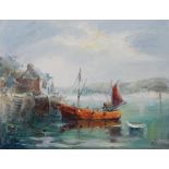 Angus Hawkins
Oil on board 
"Padstow Quays" signed and dated 1978, 56cm x 45cm 
 Live Bidding: If