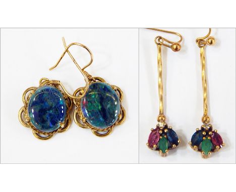 Pair gold and stone set drop earrings, each set diamond, ruby, emerald and sapphire and a pair opal triplet earrings  Live Bi