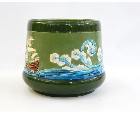 Eichwald majolica pottery jardiniere decorated with sailing galleon and waves, on a green ground, two Portmeirion Birds of Br