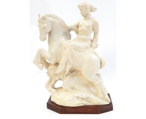 Charles Vyse glazed cream earthenware group, semi-clad maiden on horseback leaping over fish rising from the sea, incised "C.