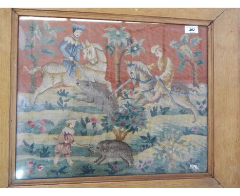 A tapestry showing a hunting scene with mounted horsemen and boar in a landscape, 40cm x 49.5cm, framed  Live Bidding: If you