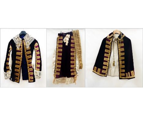 Carolean style velvet ceremonial jacket trimmed with gold braid and having gold buttons and lace collar, matching cloak and p