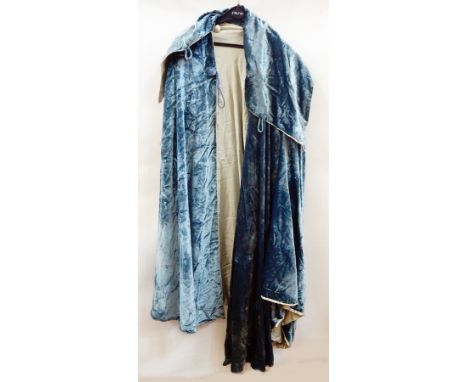 Edwardian pale blue crushed velvet cloak with hood and button fastening, it has two bi-coloured tassels on the back, stitched