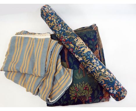 Various tapestries, unbacked, two needlepoint cushion covers, three embroidered seat covers, a large curtain, a large length 
