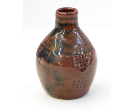 Trevor Corser Leach pottery stoneware small vase, brown and black glazed with incised hatched panels, having Leach pottery ma