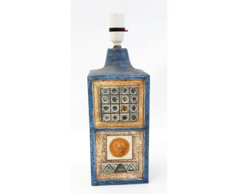 Troika pottery lamp base, square with panels of geometric design in shades of blue and orange, having JC? monogram to base, 2