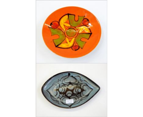 Poole Aegean oval plate, possibly by Leslie Elsden, grey with geometric design and a Poole Delphis  circular plate, orange gr