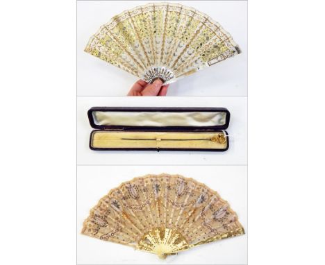 Sequin on gauze fan, mother-of-pearl sticks, with gilt decoration and metal inlay to guard, sequin on gauze fan with bone sti