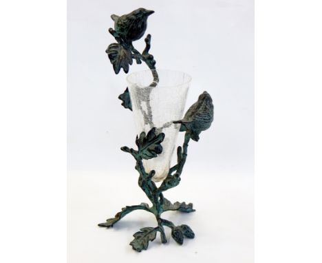 Glass and verdigris bronze-effect vase, the conical crackle glass vase supported in bronze-effect stand, bird on branch  Live