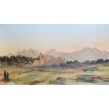 Three old postcards, framed as one and a framed print of a French landscape  Live Bidding: If you