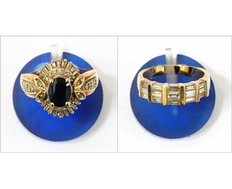 Gold-coloured metal ring set with baguette diamonds and a gold, sapphire and diamond cluster ring (2)  Live Bidding: If you w