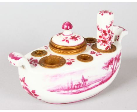 A SMALL FRENCH PORCELAIN TWO HANDLED INKWELL painted with flowers.