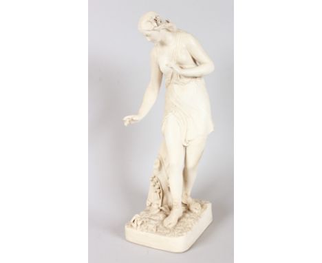 A VICTORIAN PARIAN FIGURE OF A YOUNG CLASSICAL LADY standing beside a trunk with lilies of the valley.  16ins high.