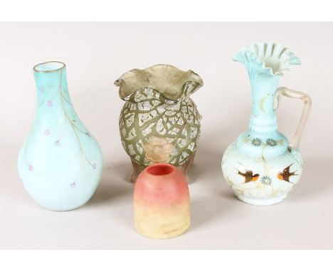 A BURMESE GLASS LIGHT BOWL, 2.75ins high, and THREE PIECES OF VICTORIAN GLASS (4).