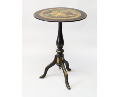 A GOOD VICTORIAN PAPIER MACHE CIRCULAR TOP TRIPOD TABLE painted with fruit. 1ft 9ins diameter.