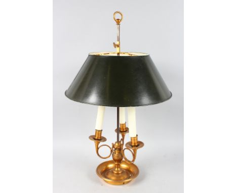 A 19th CENTURY BRASS THREE LIGHT WITH TOLEWARE SHADE. 25ons high.