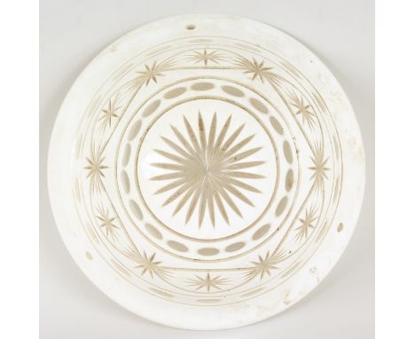 A GOOD WHITE MILK GLASS LIGHT BOWL with star cut decoration. 12ins diameter.