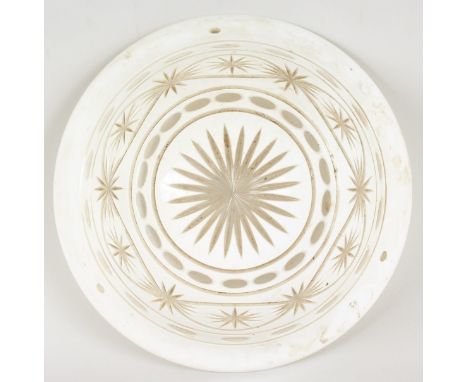 A GOOD WHITE MILK GLASS LIGHT BOWL with star cut decoration. 12ins diameter.