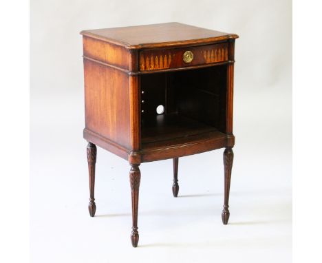 A BOWFRONTED BEDSIDE CUPBOARD with single drawer over an open shelf supported on turned and tapering legs. 2ft 6ins high.
