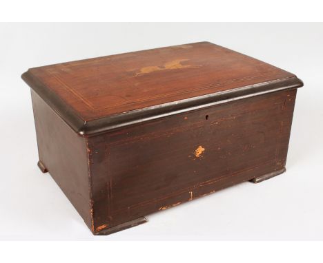 A 19TH CENTURY SWISS MUSICAL BOX playing eight airs, with three bells and chimes in a rosewood case, inlaid with a horse. 16i