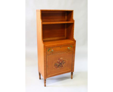 A SMALL 19th CENTURY FRENCH BONHEUR DU JOUR with shelf over a single drawer and panel door with inlay and supported on short 