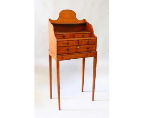 A SMALL 19th CENTURY FRENCH BONHEUR DU JOUR with shaped back shelf and five various drawers with turned handles on a stand wi