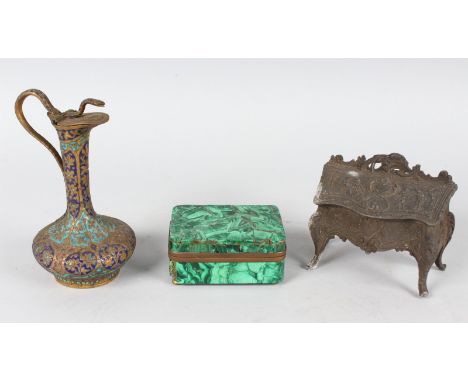 AN AGATE BOX, MINIATURE INKWELL as a BUREAU and AN ENAMEL JUG (3).
