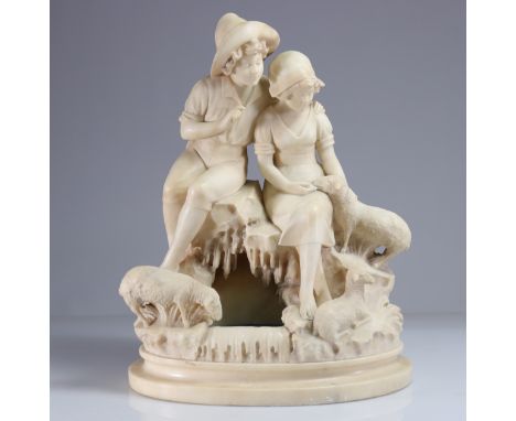 Night light in alabaster "the shepherds" around 1900 - Weight:  22.40 kg - Region: Europe - Sizes: H 480MM L380MM