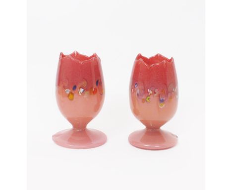 A pair of Vasart glass table lamps, tulip form, red graduated to pink glass with multi-coloured millefiore whorl inclusions, 
