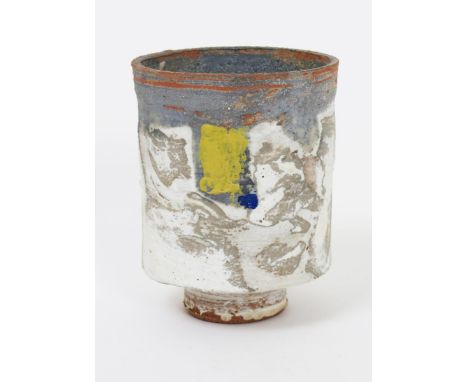 Robin Welch (born 1936) a stoneware Oval footed vase, painted with panels in red and white slip impressed seal mark, 13.5cm. 