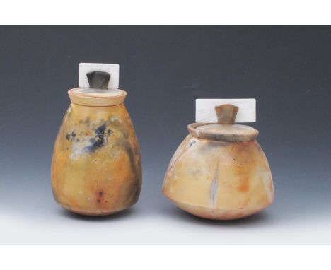 Patty Wouters (born 1957) two Rocking Antenna pots, each pot with rounded base and cover set with porcelain finial, burnished