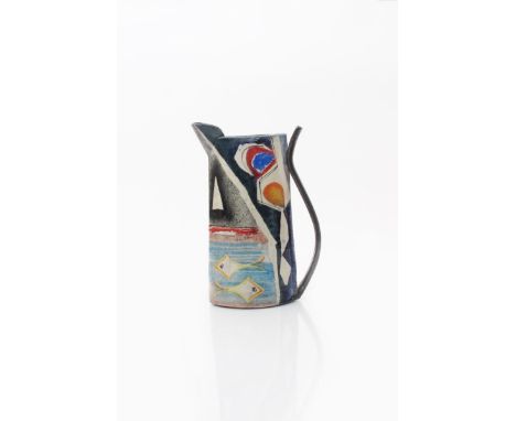 Paul Jackson (born 1954) a tall earthenware ewer with applied handle, 2004, painted with geometric fish in an abstracted seas