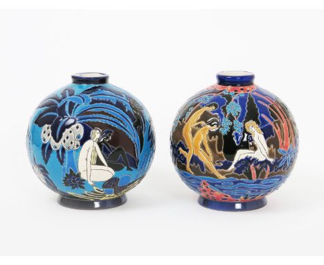 A modern Longwy Pottery vase after a design by Charles Catteau, ovoid enamelled with nude figures in an exotic landscape, and